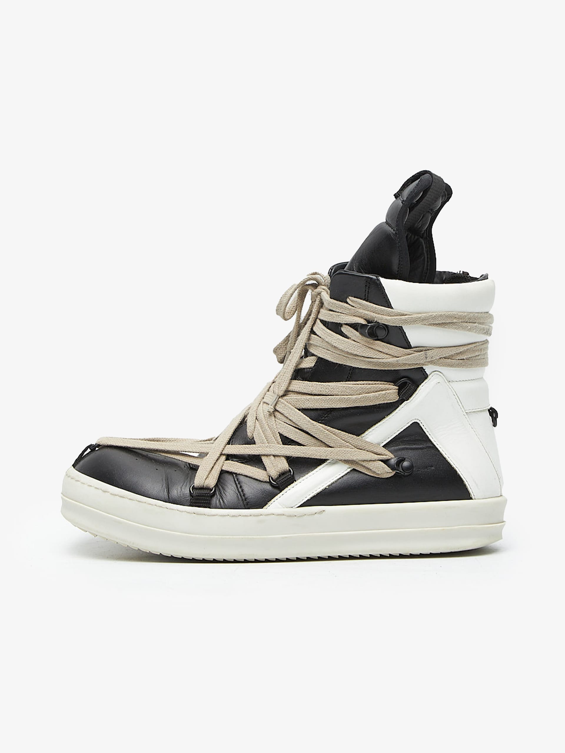 Rick Owens Black and White Megalace Leather Geobasket Sneakers